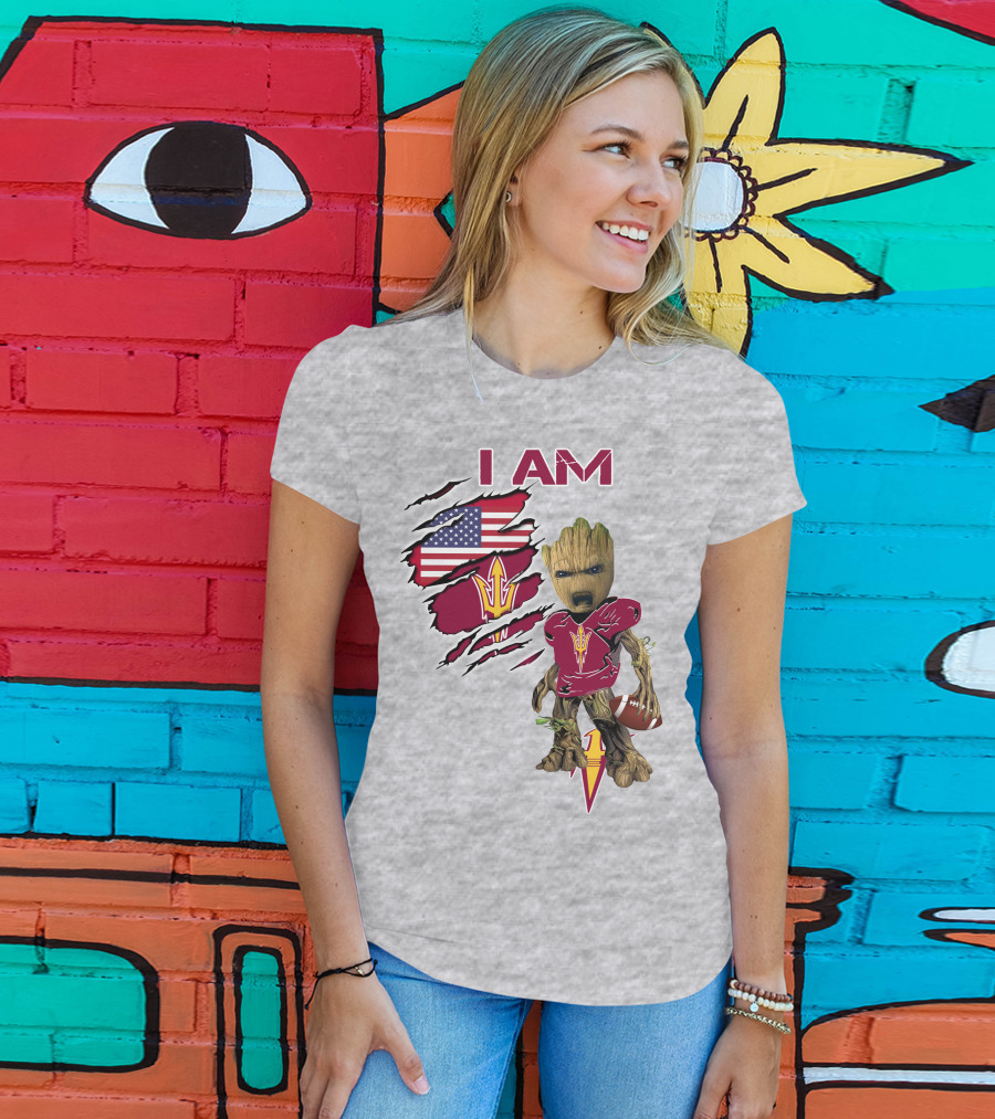I Am Asu Baby Groot Arizona State University Football Fan Art American Flag T-Shirt