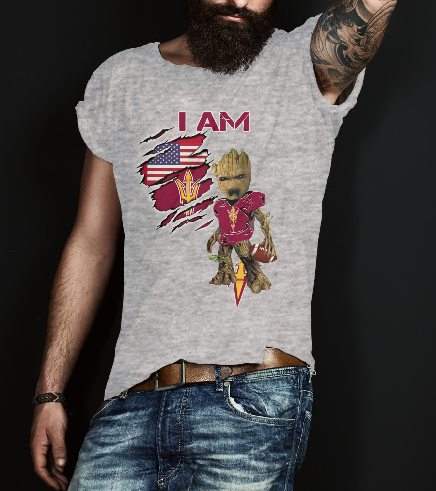 I Am Asu Baby Groot Arizona State University Football Fan Art American Flag T-Shirt