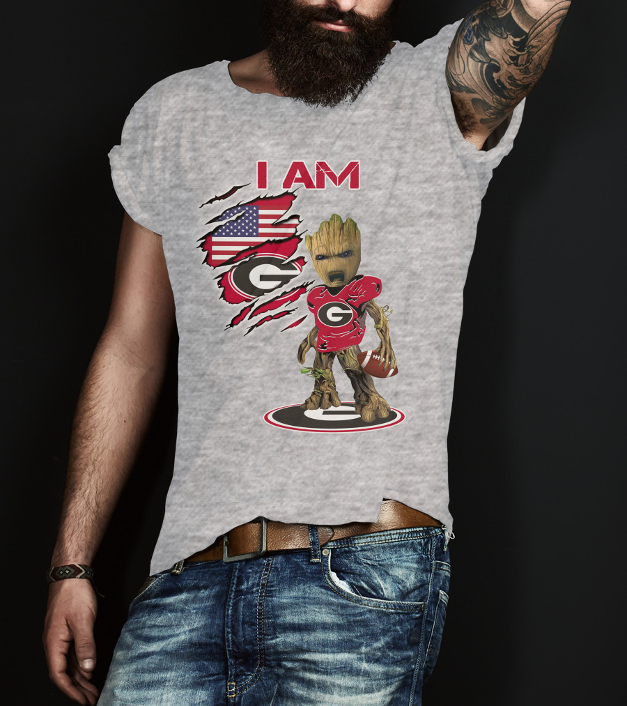 I AM Bulldogs Baby Groot Football Fan USA Flag T-Shirt