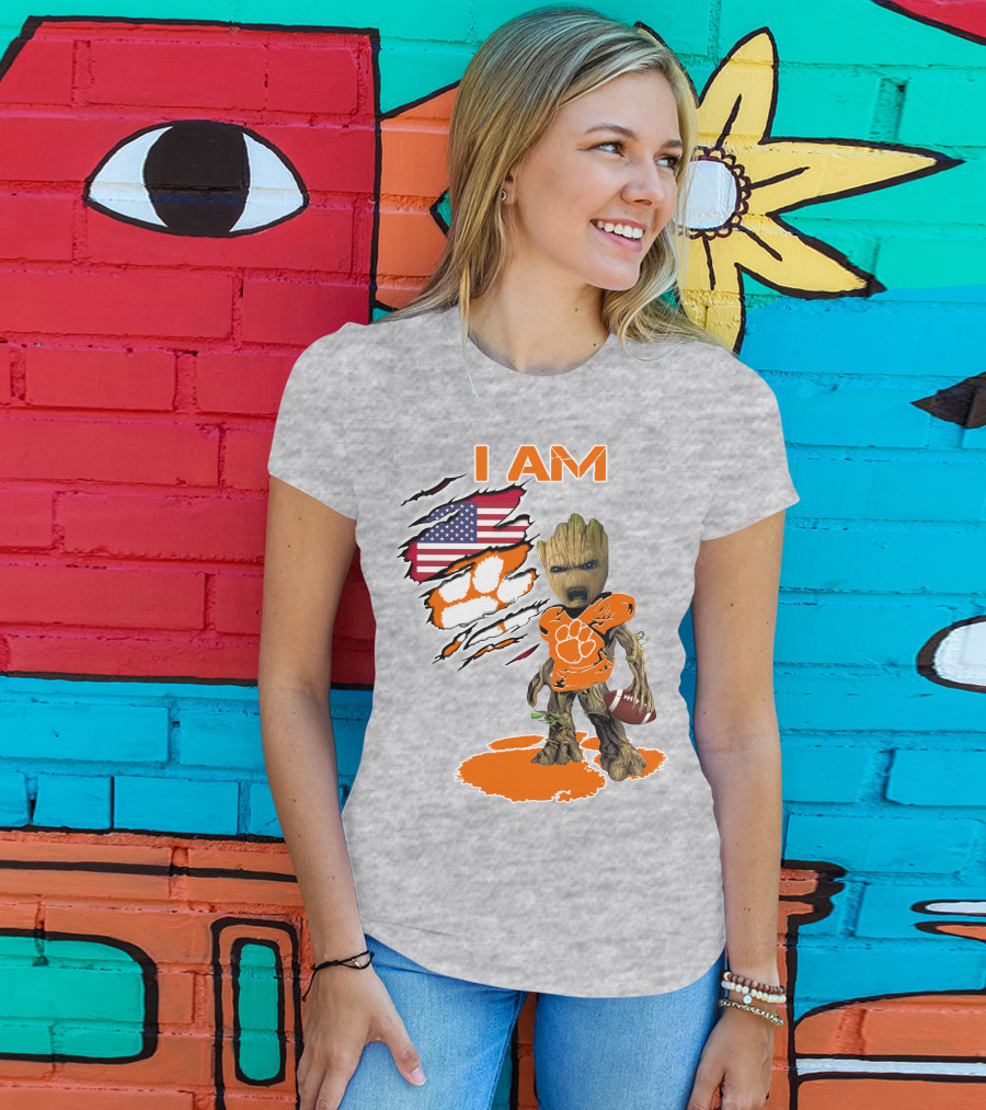 I AM Clemsons Baby Groot American Flag Football Paw Prints T-Shirt