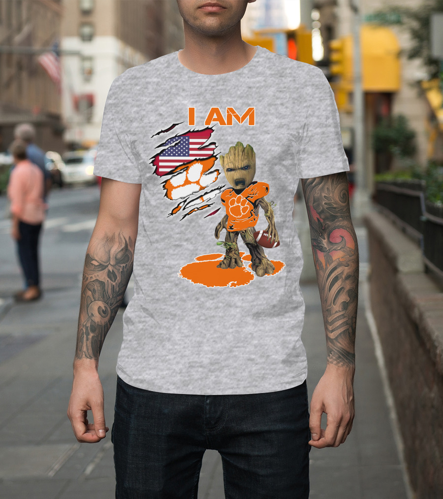 I AM Clemsons Baby Groot American Flag Football Paw Prints T-Shirt