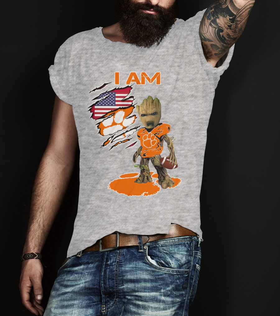 I AM Clemsons Baby Groot American Flag Football Paw Prints T-Shirt