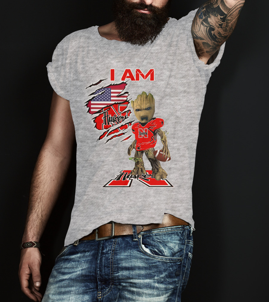 I Am Husker Baby Groot Football USA Flag T-Shirt