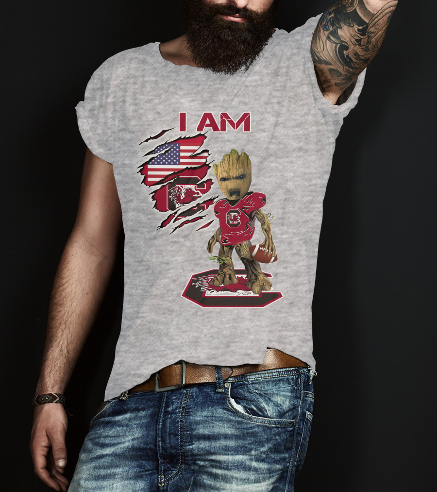 I Am Gamecocks Baby Groot Football American Flag T-Shirt