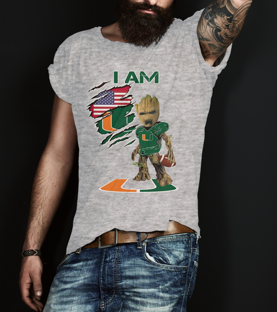 I AM Baby Groot Miami Hurricanes Football USA Flag T-Shirt