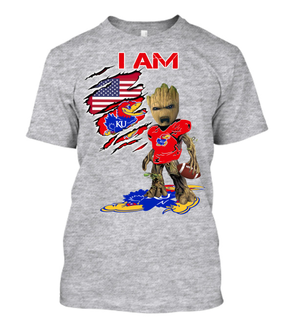 I AM KU Baby Groot Kansas Jayhawks Football Patriotic American Flag T-Shirt