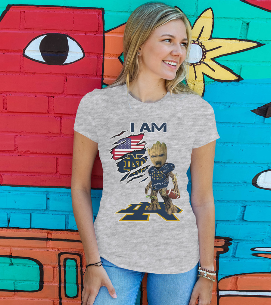 I Am Notre Dame Baby Groot American Flag Football T-Shirt