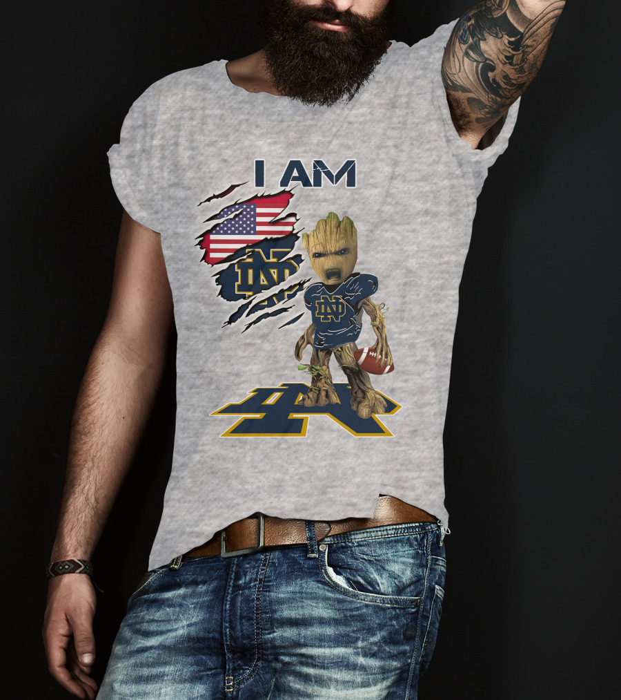 I Am Notre Dame Baby Groot American Flag Football T-Shirt