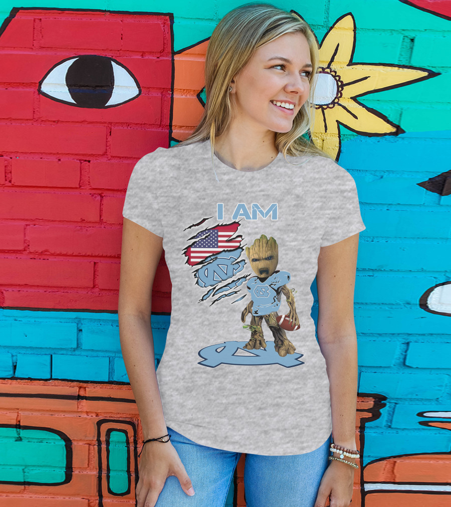 I AM Tarheel Baby Groot UNC Football USA Flag T-Shirt