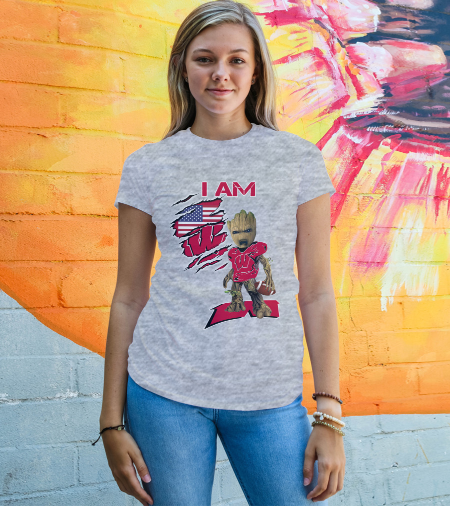 I Am Wisconsin Baby Groot Football W Logo American Flag T-Shirt