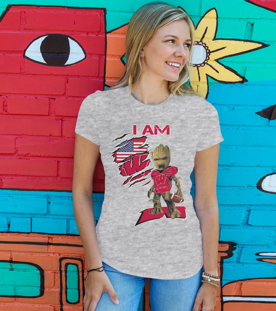 I Am Wisconsin Baby Groot Football W Logo American Flag T-Shirt