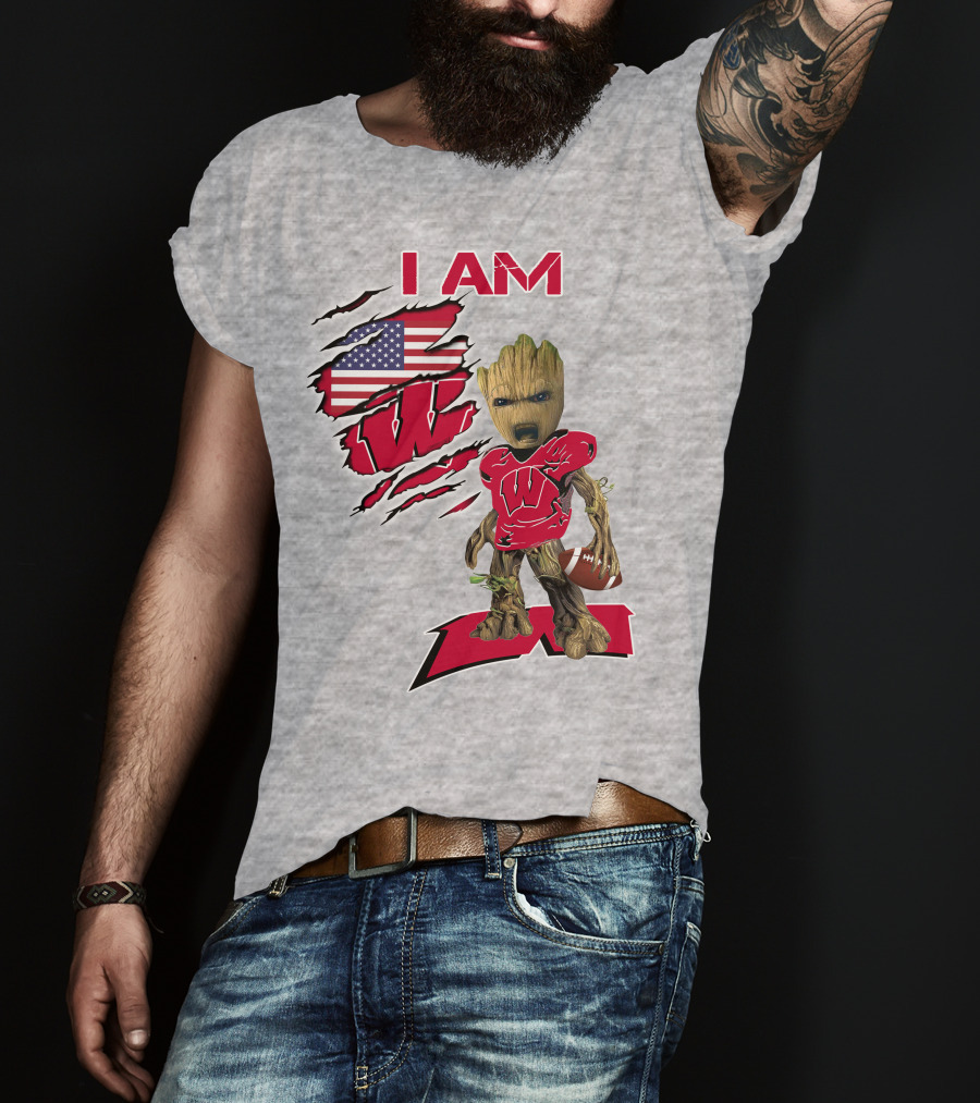I Am Wisconsin Baby Groot Football W Logo American Flag T-Shirt