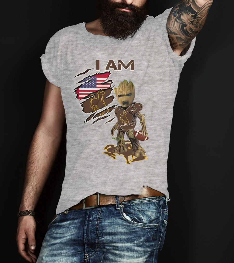 I AM Wyoming Baby Groot Football American Flag Cowboy T-Shirt