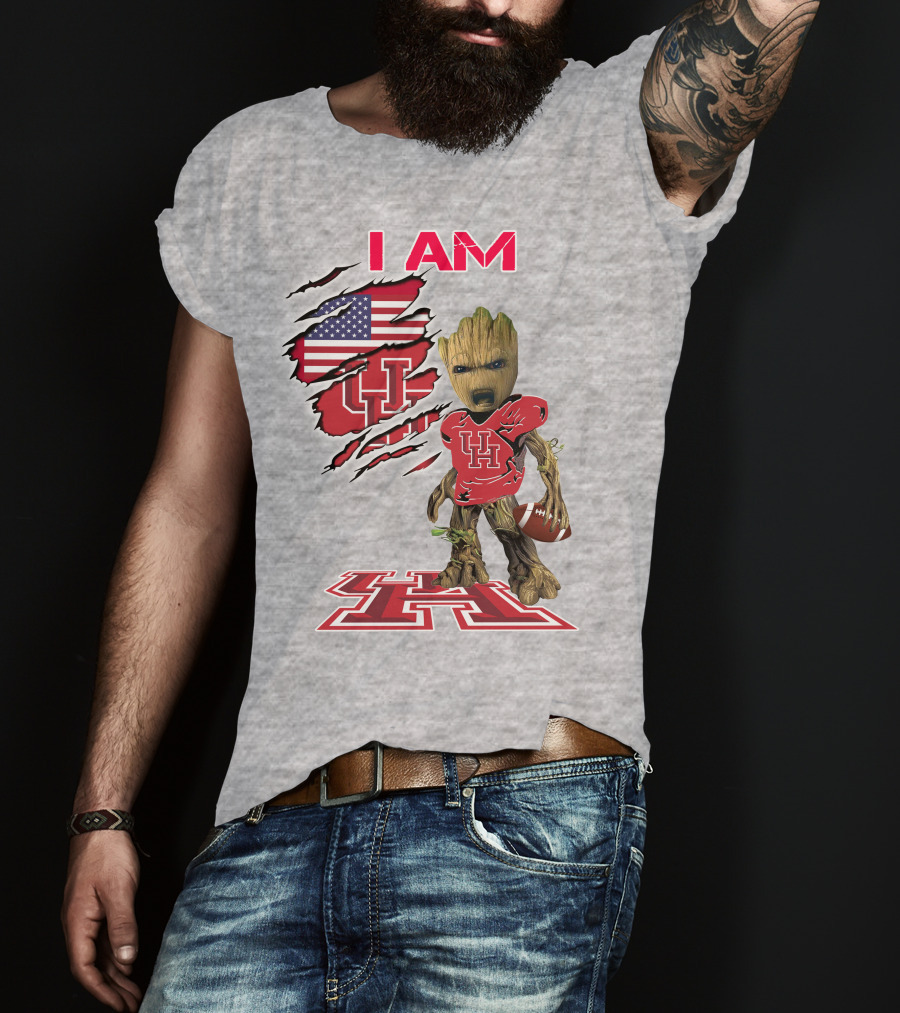 I AM Houtons Baby Groot UH Football American Flag Background T-Shirt