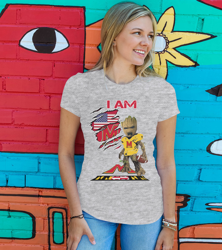 I AM Baby Groot Maryland Football American Flag M T-Shirt