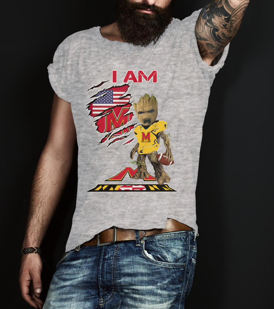 I AM Baby Groot Maryland Football American Flag M T-Shirt