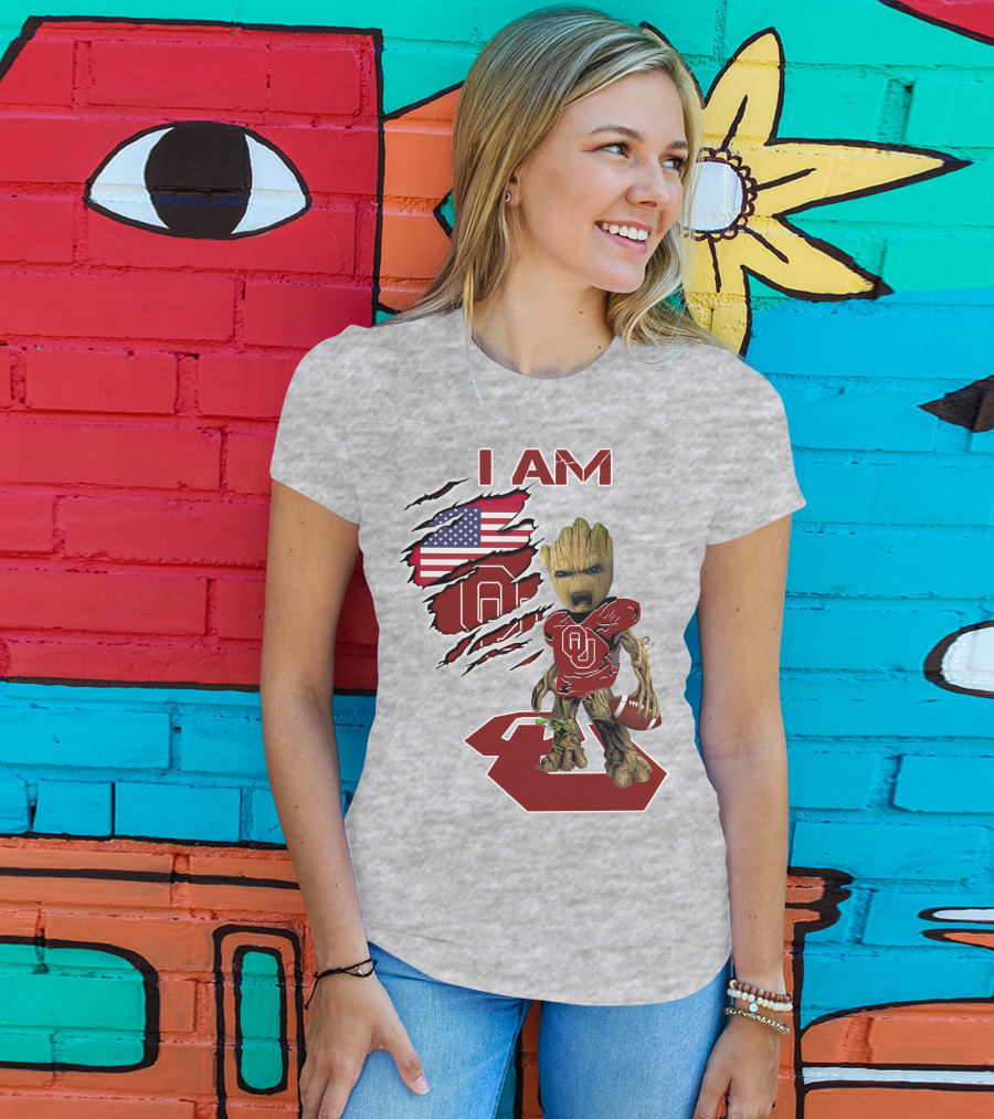I Am Baby Groot OU Sooners Football USA Flag T-Shirt
