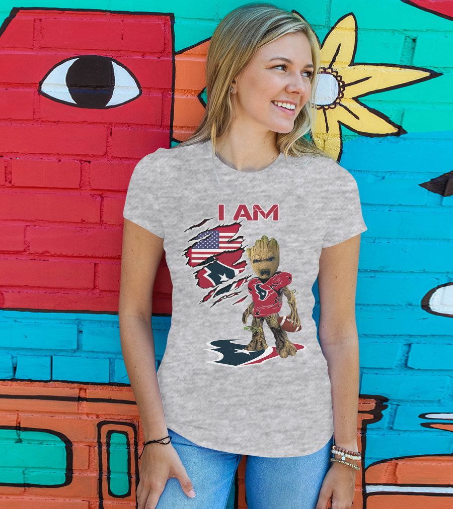 I Am Texans Baby Groot Football Usa Flag T-Shirt