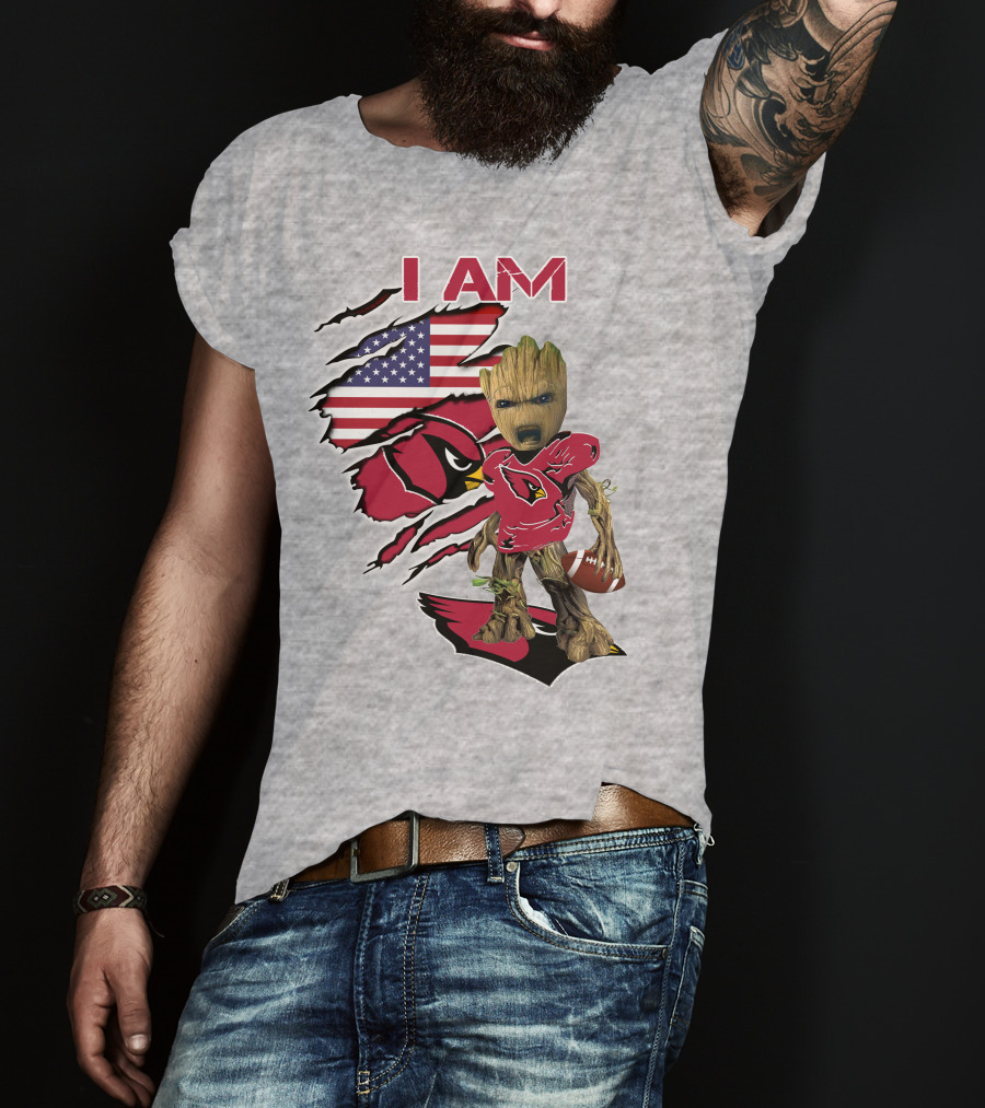 I Am Cardinals Baby Groot American Flag Football T-Shirt
