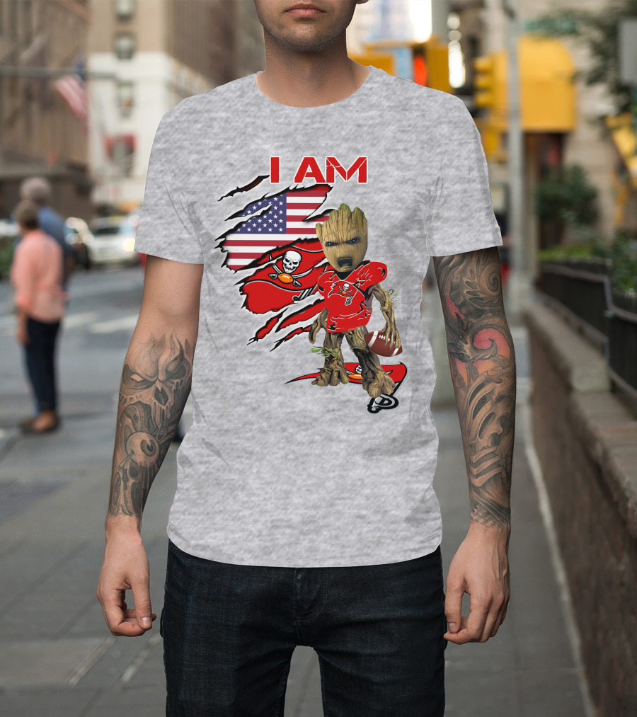 I Am Buc Baby Groot American Flag Football Buccaneers T-Shirt