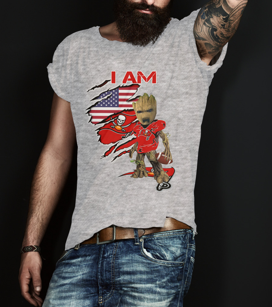 I Am Buc Baby Groot American Flag Football Buccaneers T-Shirt
