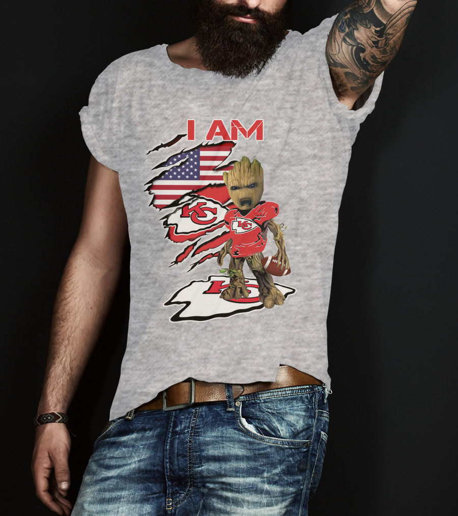 I Am Chiefs Baby Groot Kansas City Football American Flag T-Shirt