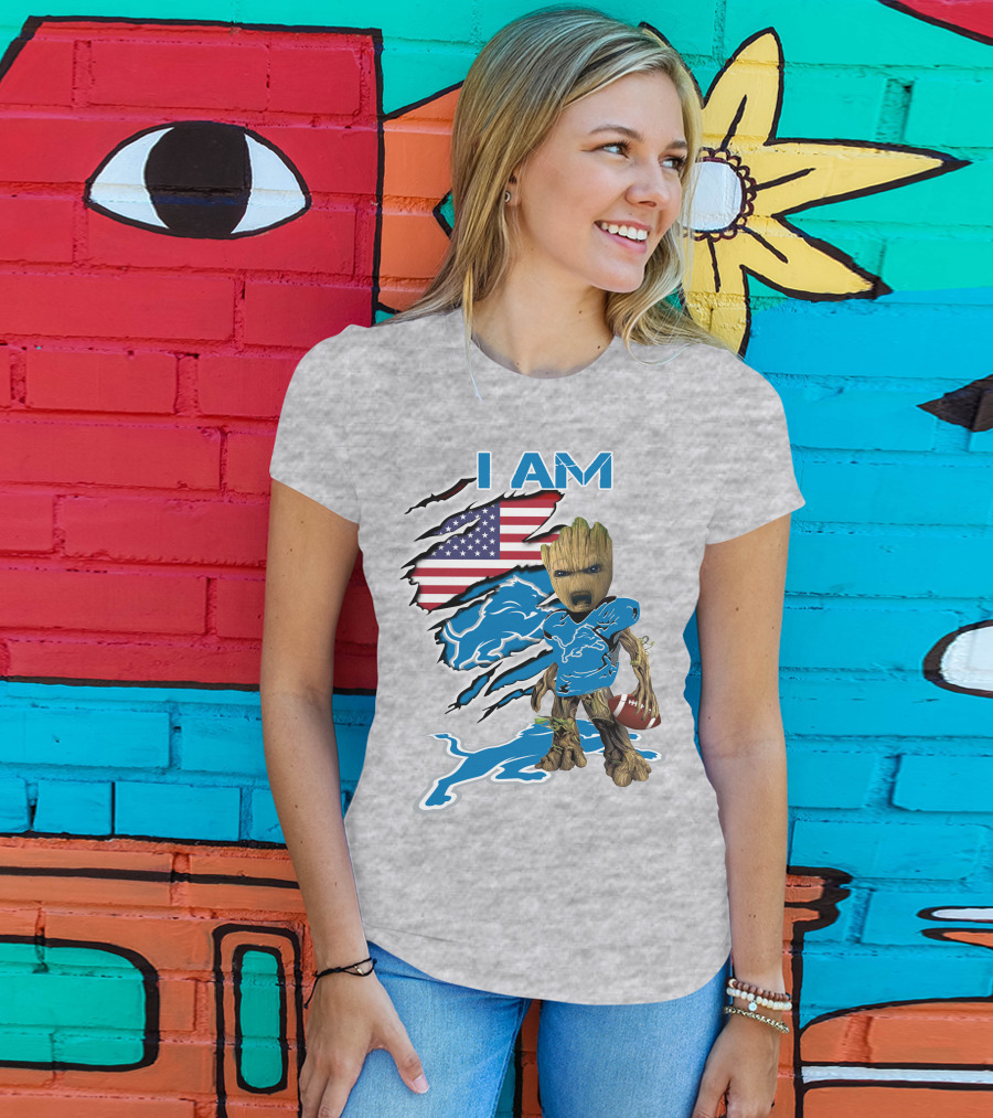 I Am Lions Baby Groot Football American Flag T-Shirt