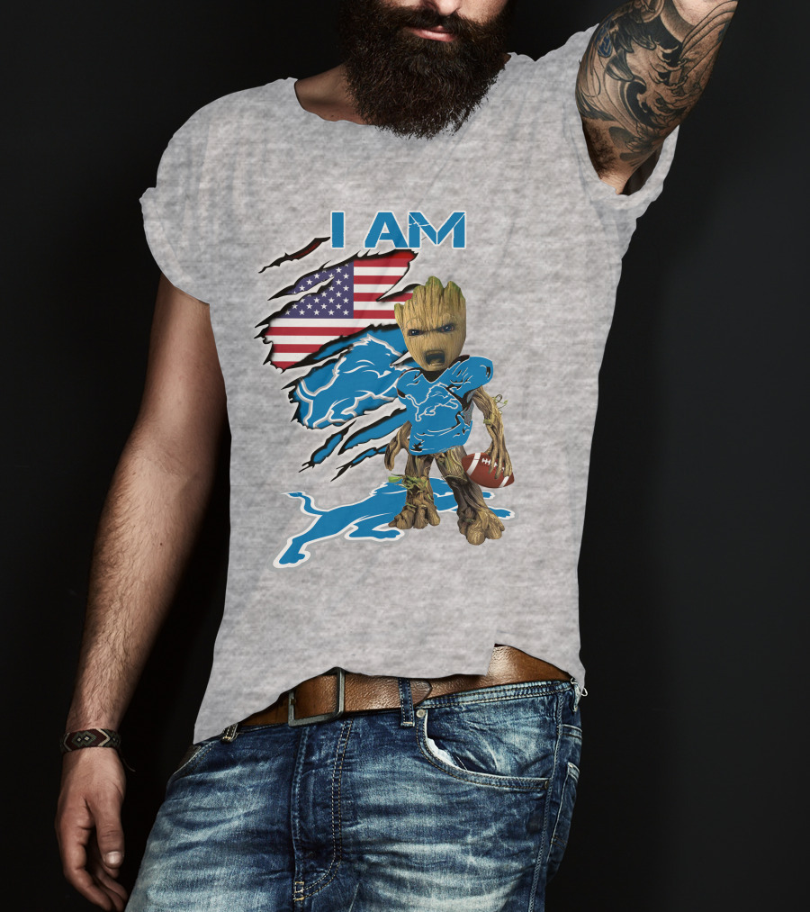 I Am Lions Baby Groot Football American Flag T-Shirt