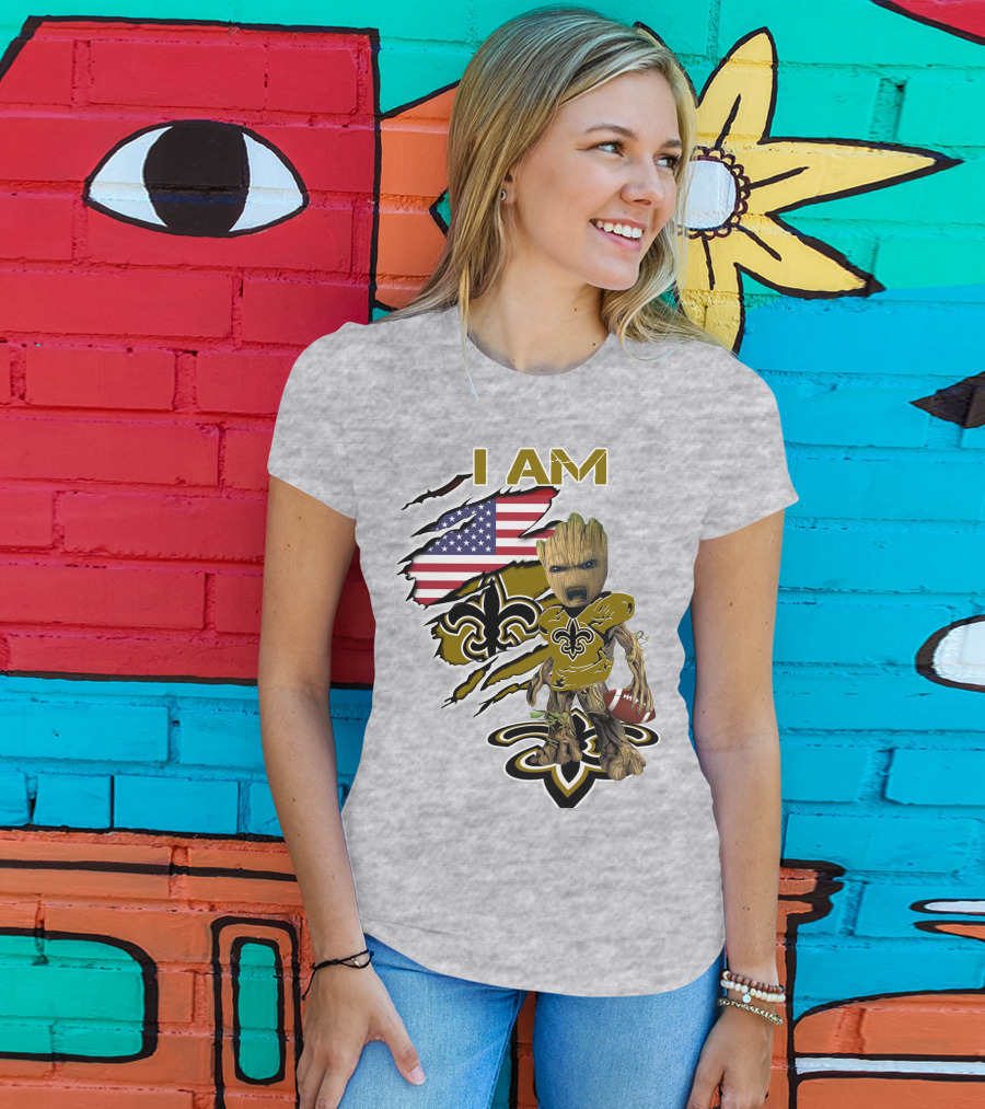 I Am Baby Groot Saints Fleur-De-Lis American Flag Football T-Shirt