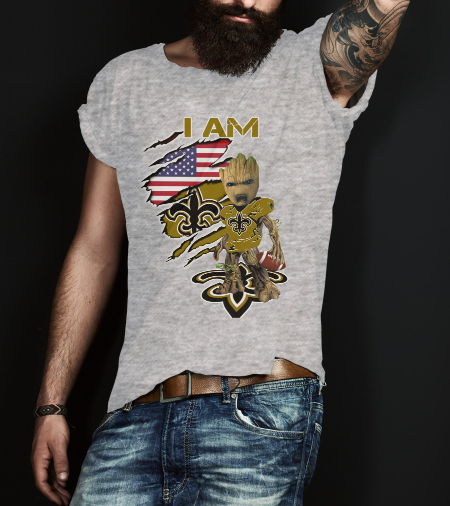I Am Baby Groot Saints Fleur-De-Lis American Flag Football T-Shirt