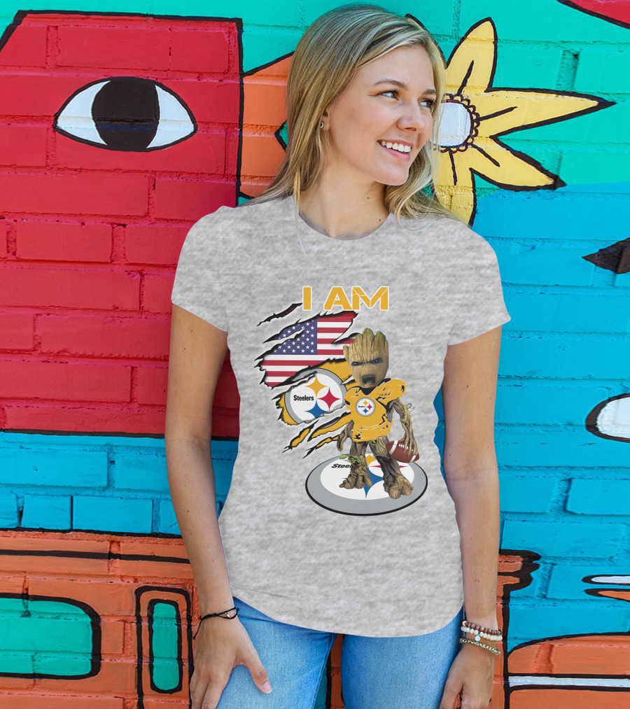 I AM Steelers Baby Groot American Flag Football Fan Gear T-Shirt