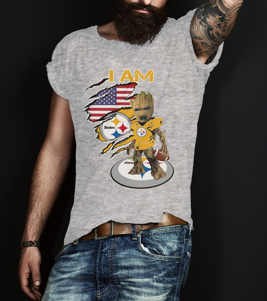 I AM Steelers Baby Groot American Flag Football Fan Gear T-Shirt