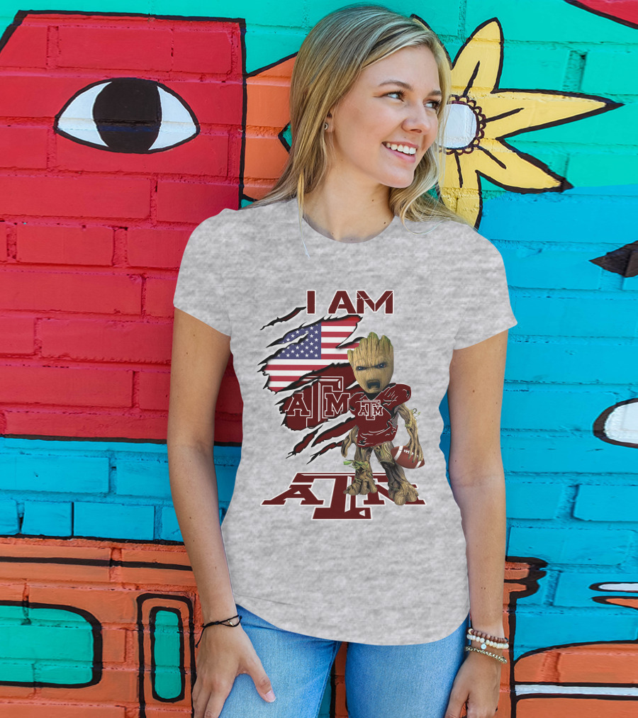 I Am Texas A&M Baby Groot American Flag Football T-Shirt
