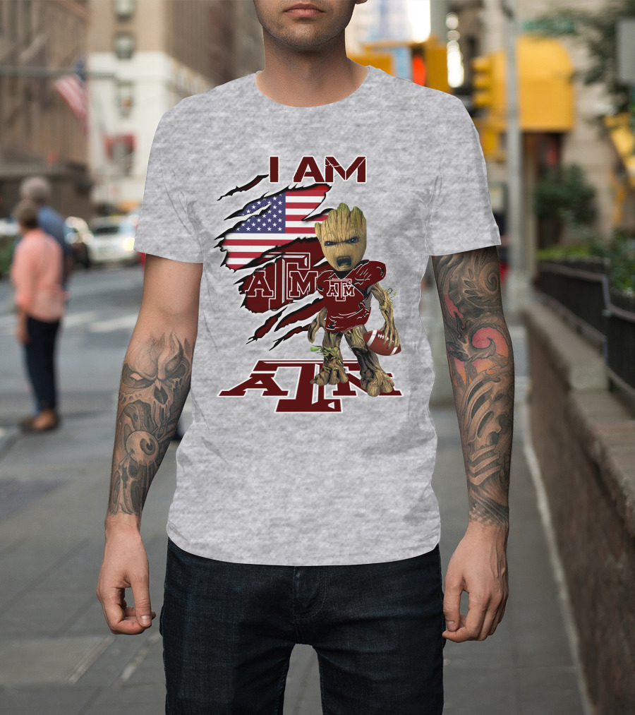 I Am Texas A&M Baby Groot American Flag Football T-Shirt