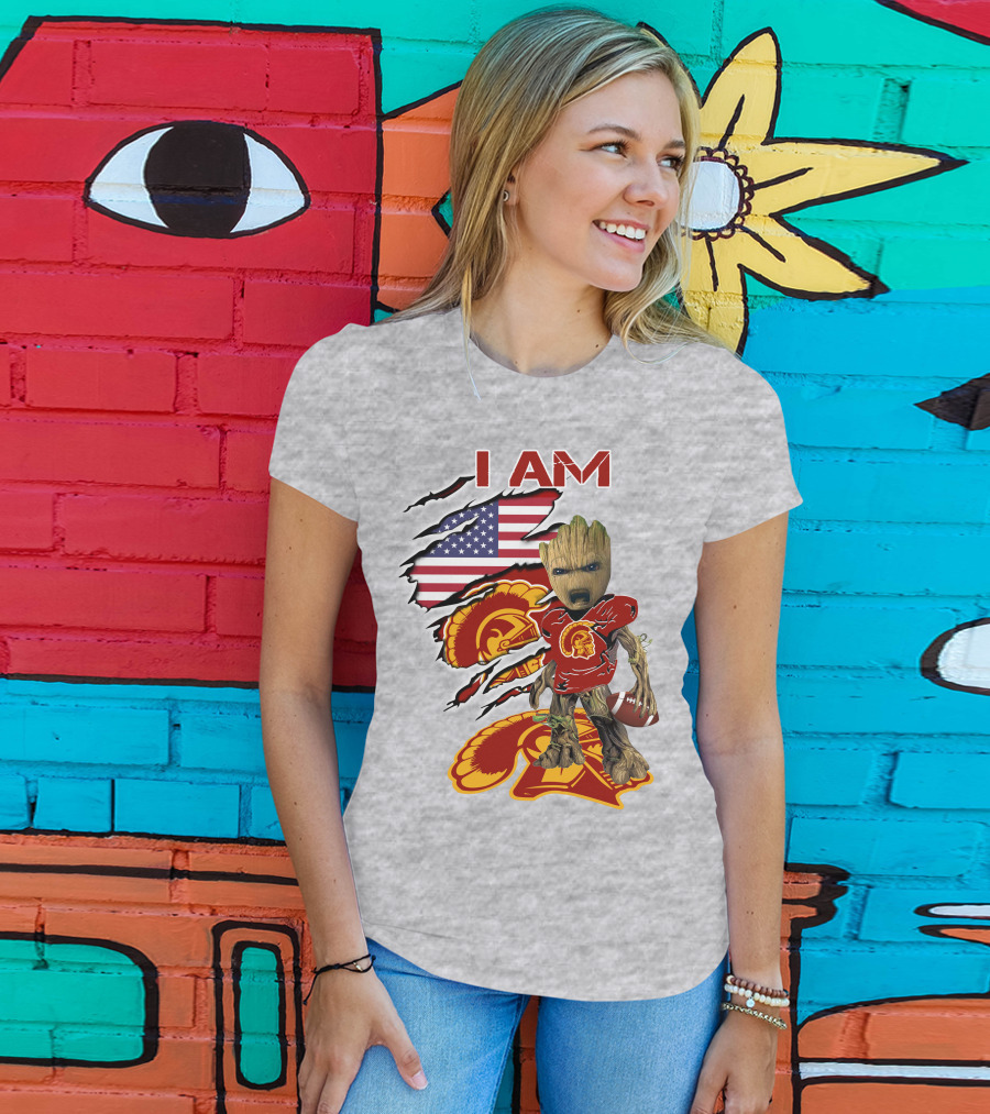 I AM Trojans Baby Groot Football American Flag T-Shirt
