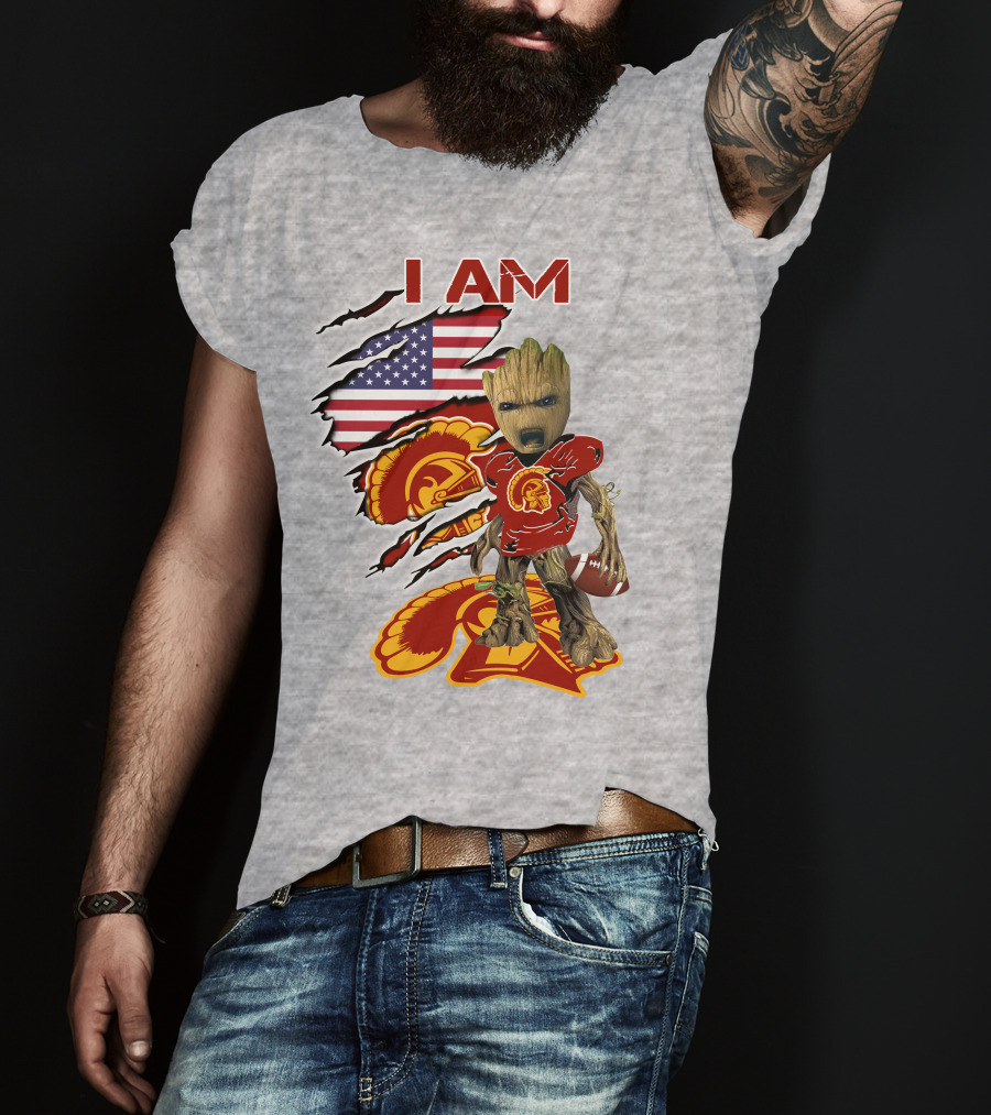 I AM Trojans Baby Groot Football American Flag T-Shirt