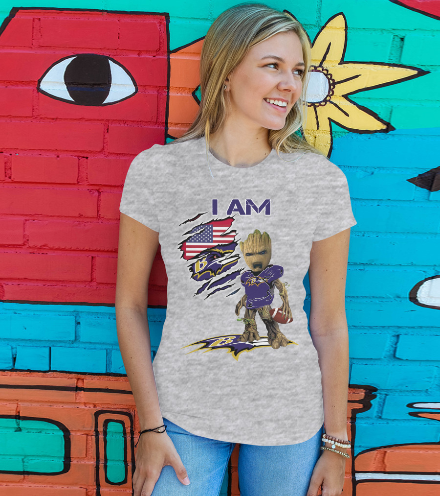 I AM Baltimore Ravens Baby Groot Football USA Flag T-Shirt