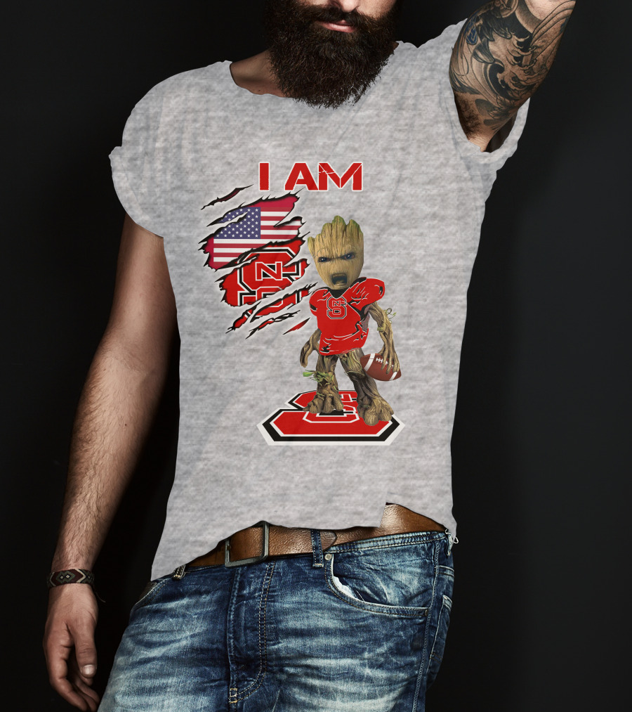 I Am NC State Baby Groot Football USA Flag T-Shirt