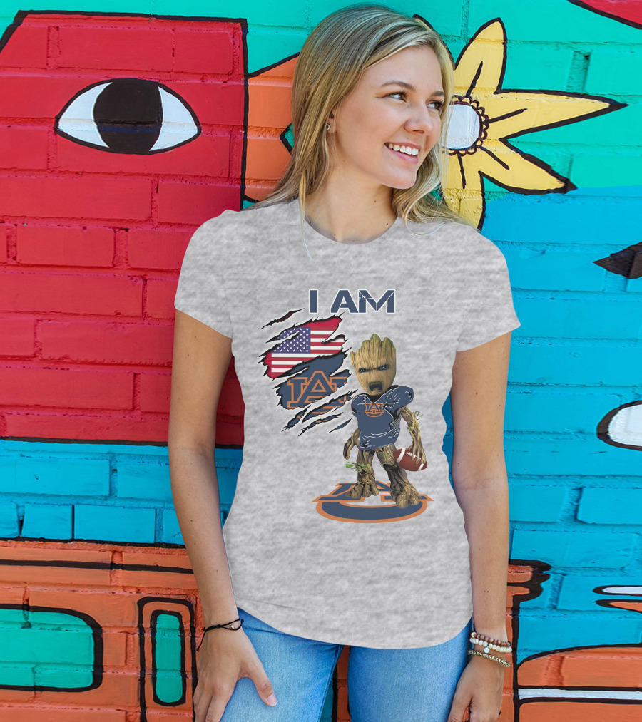 I Am Auburn Baby Groot Football Usa Flag T-Shirt