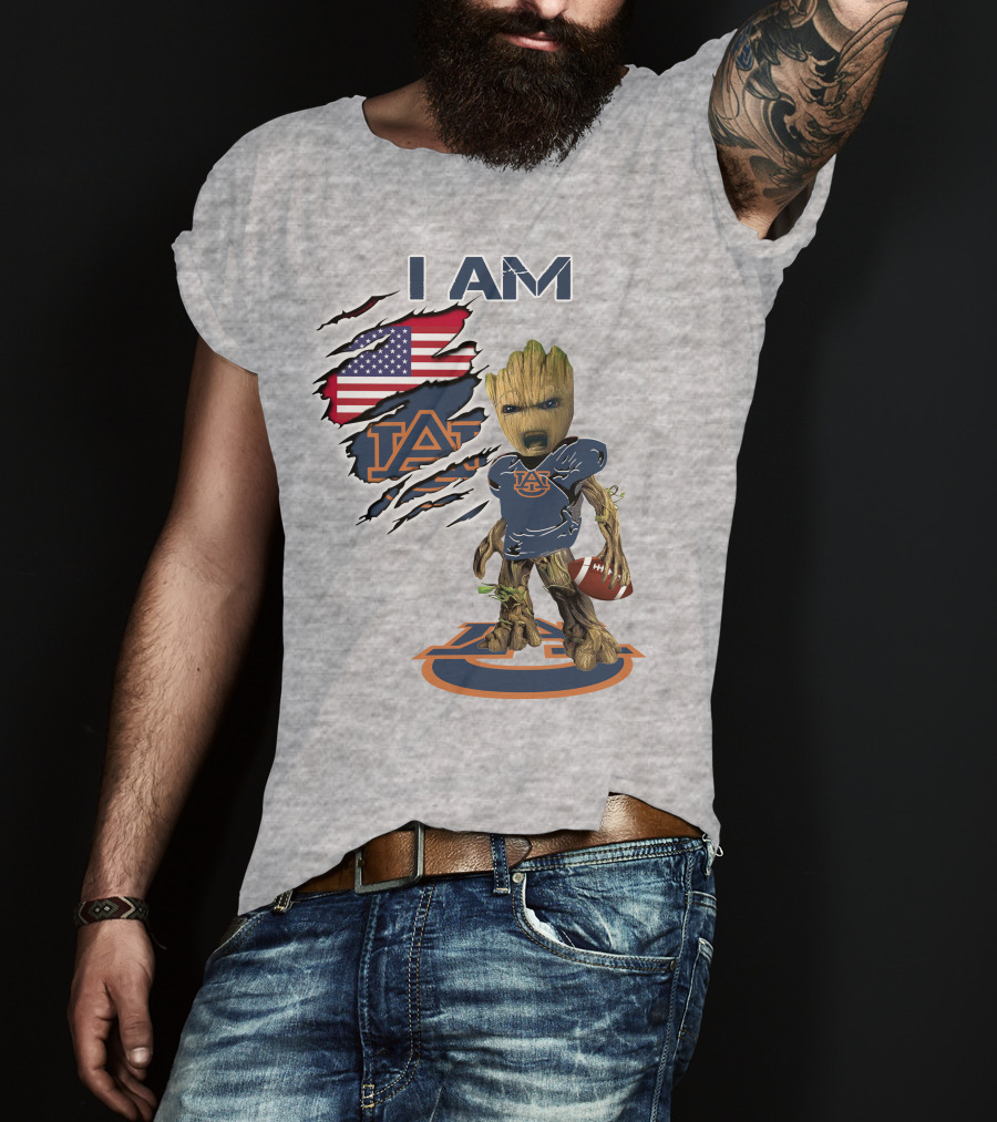 I Am Auburn Baby Groot Football Usa Flag T-Shirt