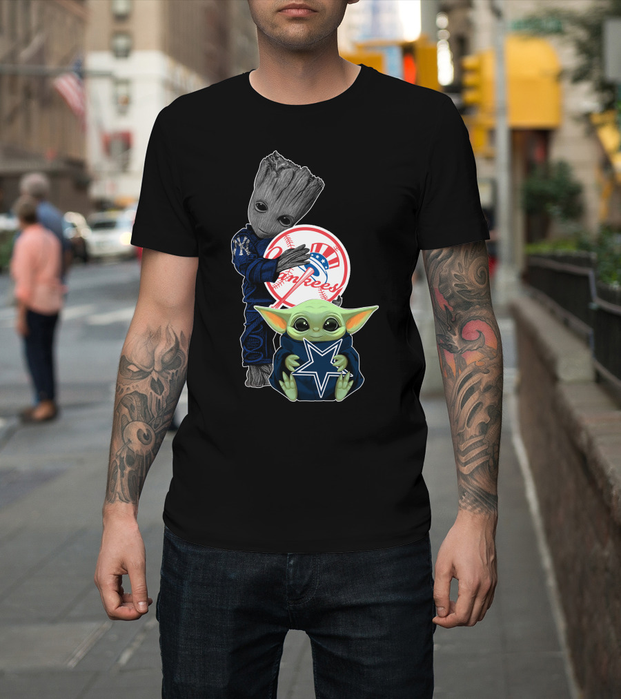 Yankees Groot Cowboys Baby Yoda With Logos T-Shirt