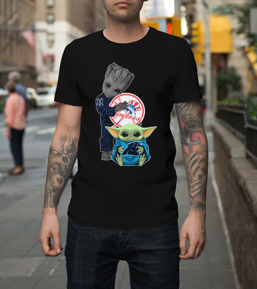New York Yankees Groot And Panthers Baby Yoda T-Shirt