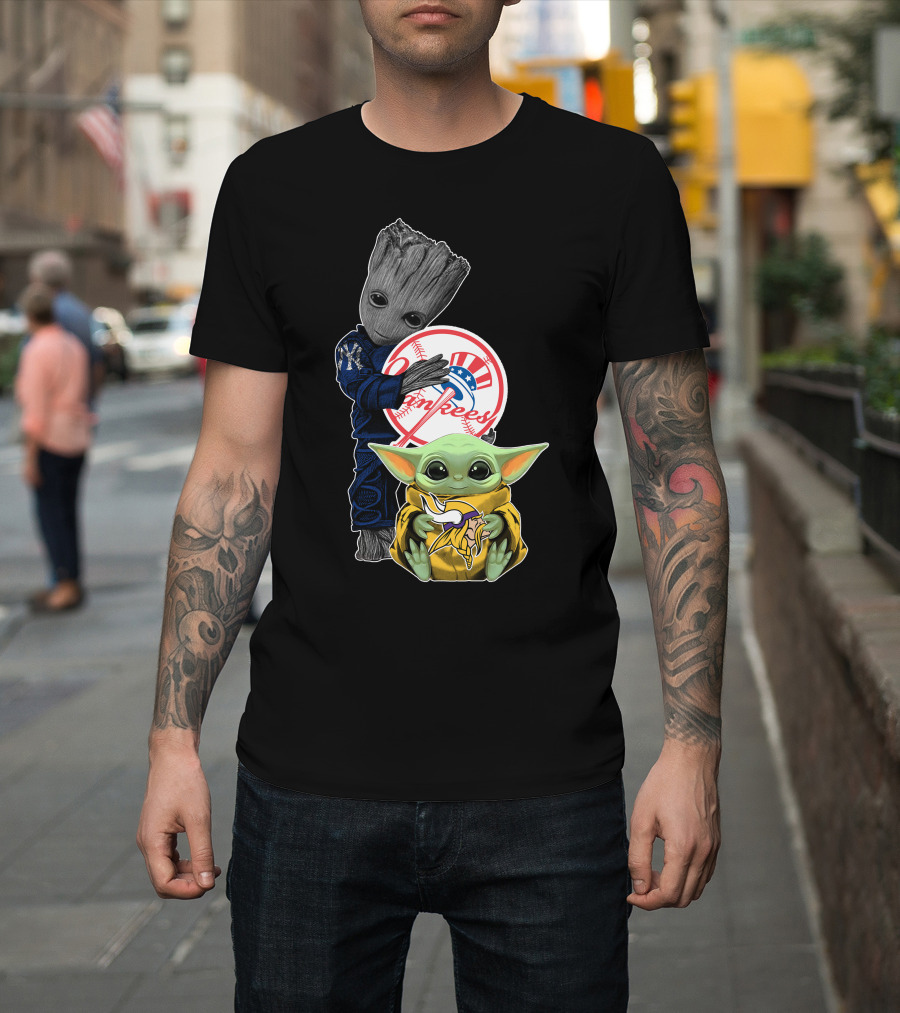 Yankees Baby Yoda With Groot Hugging Baseball T-Shirt