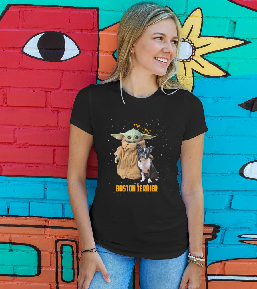 The Child Baby Yoda And Boston Terrier Duo In Space T-Shirt