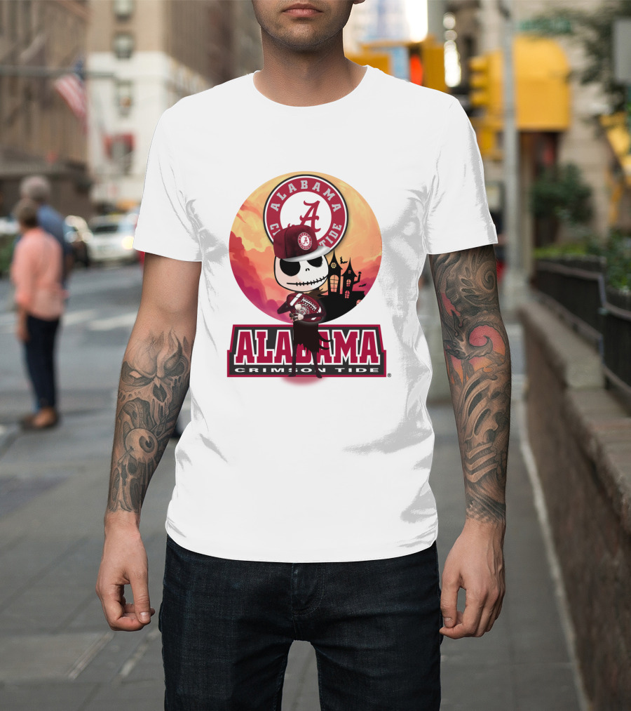 Alabama Crimson Tide Skeleton Character Holding Football In Front Of Haunted House T-Shirt