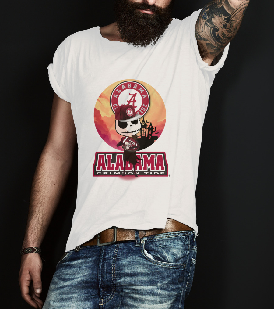 Alabama Crimson Tide Skeleton Character Holding Football In Front Of Haunted House T-Shirt