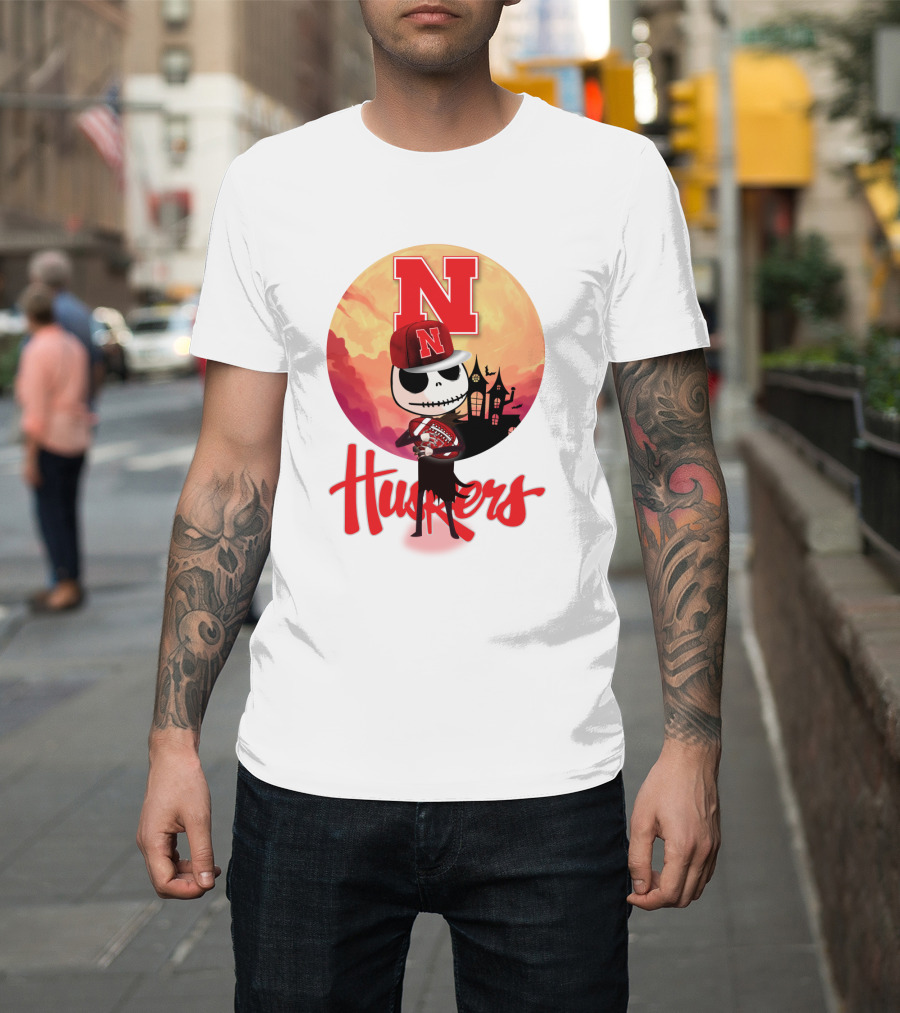 Nebraska Huskers Skeleton Character Halloween Football Scene T-Shirt