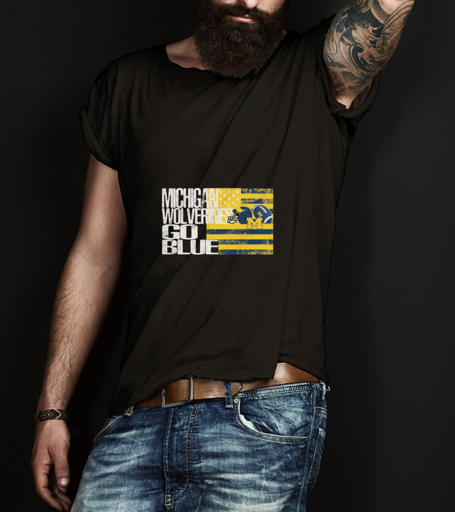 Michigan Wolverines Go Blue Football Helmet And Flag T-Shirt