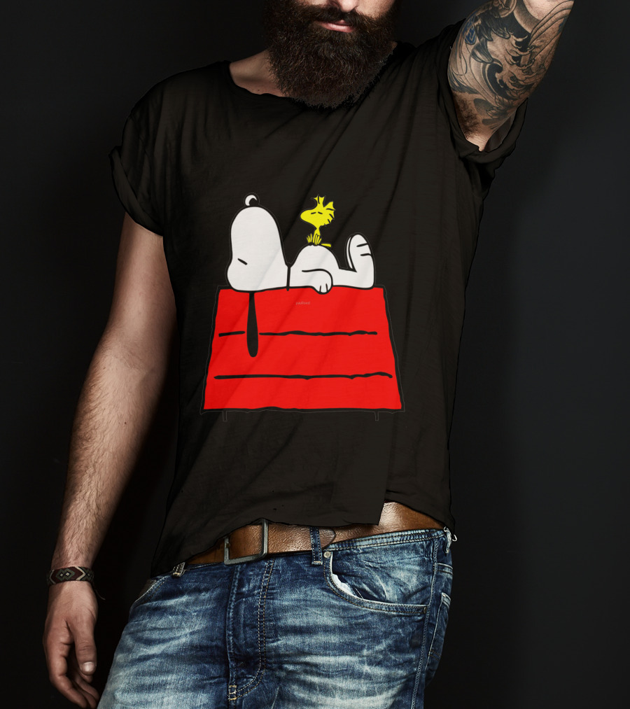 Snoopy Sleeping On Red Doghouse With Woodstock T-Shirt