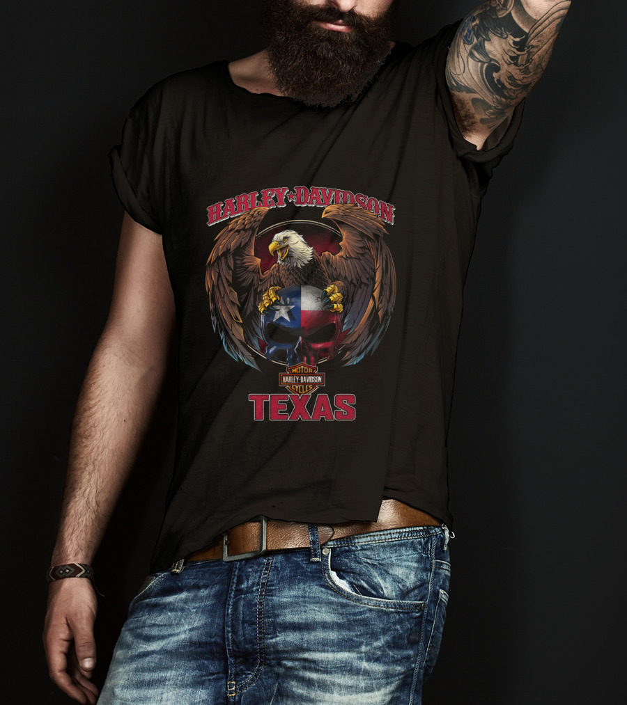 Harley Davidson Texas Eagle And Lone Star Skull Artwork T-Shirt